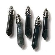 Natural Moss Agate Pointed Big Pendants, Faceted Bullet Charms with Rack Plating Platinum Plated Brass Findings, 56~65x11~11.5x10~10.5mm, Hole: 4X3mm(G-Z055-01P-12)