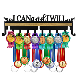 Iron Medal Holder, with Wood Board, Medal Holder Frame, I Can and I Will, Word, Medal Holder: 367x112x1.5mm, Wood Board: 348x80mm(AJEW-WH0508-001)