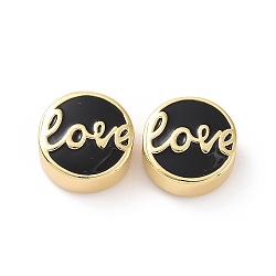 Brass Enamel Beads, Cadmium Free & Lead Free, Long-Lasting Plated, Real 18K Gold Plated, Flat Round with Word Love, Black, 12x5.5mm, Hole: 2.5mm(KK-C004-15G-01)