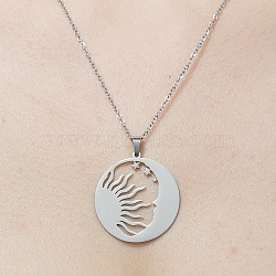 201 Stainless Steel Hollow Sun & Moon Pendant Necklace, Stainless Steel Color, 17.72 inch(45cm)(NJEW-OY001-70)