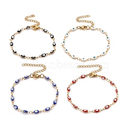 Enamel Horse Eye Link Chains Bracelet, Vacuum Plating 304 Stainless Steel Jewelry for Women, Golden, Mixed Color, 6-3/4 inch(17.1cm)(BJEW-P271-05G)