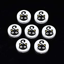 Halloween Printed Natural Wood Beads, Flat Round with Black Cat Pattern, Black, 19~20x5.9mm, Hole: 2~2.2mm(WOOD-T021-81)