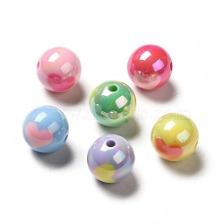 Two Tone UV Plating Rainbow Iridescent Acrylic Beads, Round with Heart, Mixed Color, 16.5x16mm, Hole: 2.5mm(PACR-J005-04)
