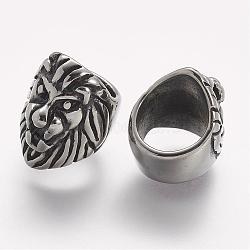 304 Stainless Steel Slide Charms, Lion, Large Hole Beads, Antique Silver, 15.5x12x15.5mm, Hole: 8.5mm(STAS-A032-100AS)