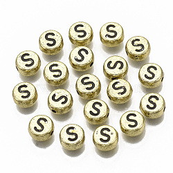 Plating Acrylic Beads, Horizontal Hole, Flat Round with Letter, Golden Plated, Black, Letter.S, 7x4mm, Hole: 1.2mm, about 3600pcs/500g.(PACR-CD0001-S)