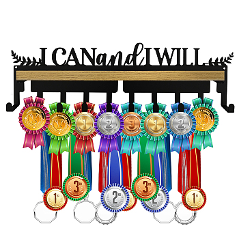 Iron Medal Holder, with Wood Board, Medal Holder Frame, I Can and I Will, Word, Medal Holder: 367x112x1.5mm, Wood Board: 348x80mm