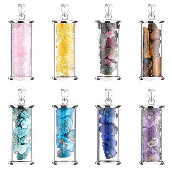 PANDAHALL ELITE 8Pcs 8 Style Alloy & Glass Wish Bottle Pendants, with Mixed Gemstone Chips, Platinum, Column, 35x13.5mm, Hole: 4mm, 1pc/style