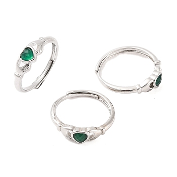 Hand with Heart Natural Green Onyx Agate Adjustable Rings, Brass Ring for Women, Long-Lasting Plated, Lead Free & Cadmium Free, Inner Diameter: 18mm