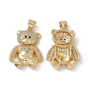 Brass Micro Pave Cubic Zirconia Pendants, Bear Charm, Real 18K Gold Plated, Clear, 24.5x18x4.5mm, Hole: 4x3mm