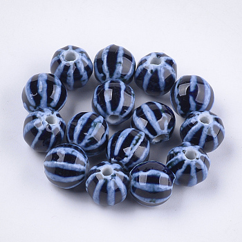 Handmade Porcelain Beads, Fancy Antique Glazed Porcelain, Round, Marine Blue, 11~12x10~11x10~10.5mm, Hole: 2~2.5mm