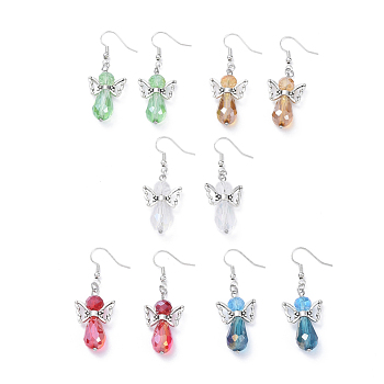 Angel Dangle Earrings, with Brass Earring Hooks, Alloy Beads and Glass Beads, Mixed Color, 50mm, Pin: 0.6mm