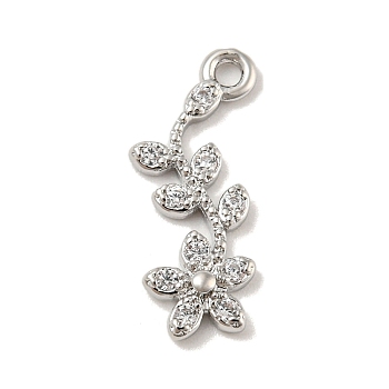 Brass Micro Pave Cubic Zirconia Pendant
s, Long-Lasting Plated, Flower, Platinum, 16x8x2mm, Hole: 1.2mm
