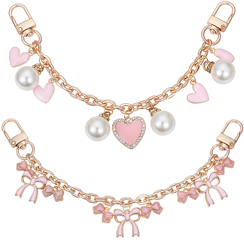 2Pcs 2 Styles Pink Zinc Alloy Enamel Bowknot Heart Charm Cable Chain Purse Chains, with Alloy Swivel Clasps, Light Gold, 205~210mm, 1pc/style