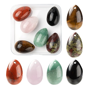 6Pcs 6 Style Natural Mixed Gemstone Pendants, Easter Egg Stone, 31x20x20mm, Hole: 2mm, 1pc/style