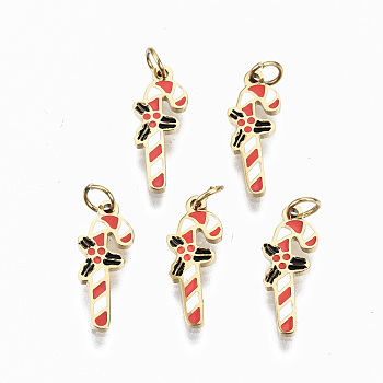 316 Surgical Stainless Steel Enamel Charms, with Jump Rings, Christmas Stick, Real 14K Gold Plated, 13x5x1mm, Jump Ring: 3.5x0.5mm, 2.5mm inner diameter