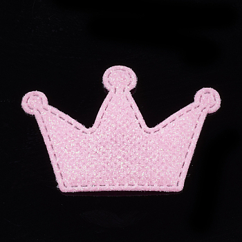 Glitter PU Patches, with Non Woven Fabric Back and Sponge Inside, Crown, Pearl Pink, 38x55~58x2.5mm
