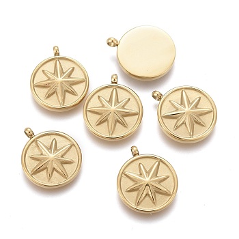 Ion Plating(IP) 304 Stainless Steel Charms, Textured, Flat Round with Star, Golden, 14.5x12x2.5mm, Hole: 1.5mm