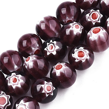 Handmade Millefiori Glass Beads Strands, Round, Purple, 10mm, Hole: 1.2mm, about 36~38pcs/strand, 13.78 inch~14.88 inch(35cm~37.8cm)