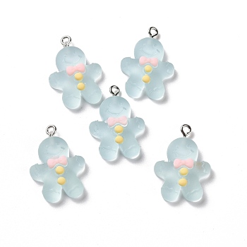 Christmas Transparent Resin Pendants, Frosted, with Platinum Tone Iron Loops, Gingerbread Man Charm, Sky Blue, 26x18.5x7mm, Hole: 2mm