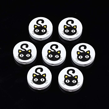 Halloween Printed Natural Wood Beads, Flat Round with Black Cat Pattern, Black, 19~20x5.9mm, Hole: 2~2.2mm