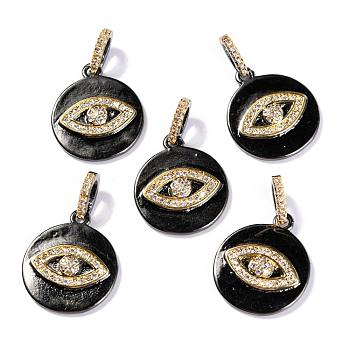 Brass Micro Pave Cubic Zirconia Pendants, with Tube Bails, Long-Lasting Plated, Cadmium Free & Lead Free & Nickel Free, Flat Round with Evil Eye, Clear, Gunmetal & Golden, 20x17x3mm, Hole: 4.5x2.5mm