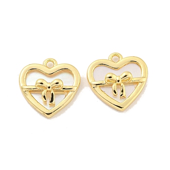 Brass Pave Shell Heart with Bowknot Charms, Golden, 12.5x12x3.5mm, Hole: 1.2mm