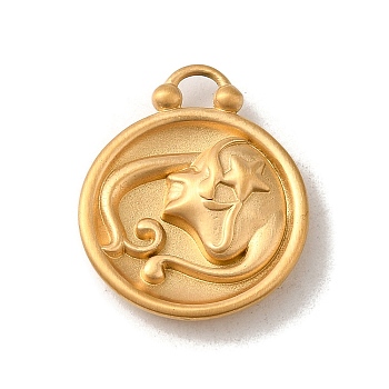 304 Stainless Steel Pendants, Flat Round with Constellations Charm, Matte Gold Color, Virgo, 20.5x17x3mm, Hole: 2.5x2mm