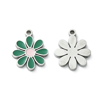 304 Stainless Steel Manual Polishing Charms, with Enamel, Flower Charm, Stainless Steel Color, 13x10.5x1.5mm, Hole: 1.2mm