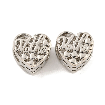 Mother's Day Rack Plating Alloy European Beads, Large Hole Beads, Cadmium Free & Nickel Free & Lead Free, Heart with Word Mother, Platinum, 11.5x12x7.5mm, Hole: 5.5x4.6mm