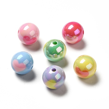 Two Tone UV Plating Rainbow Iridescent Acrylic Beads, Round with Heart, Mixed Color, 16.5x16mm, Hole: 2.5mm