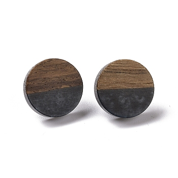 Resin & Walnut Wood Flat Round Stud Earrings with 304 Stainless Steel Pin for Women, Black, 10mm, Pin: 0.6mm