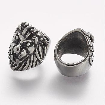 304 Stainless Steel Slide Charms, Lion, Large Hole Beads, Antique Silver, 15.5x12x15.5mm, Hole: 8.5mm