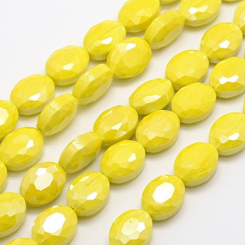 Electroplate Glass Beads Strands, Pearl Luster Plated, Faceted Oval, Yellow, 16x12x7mm, Hole: 1mm, about 20pcs/strand, 11.8 inch