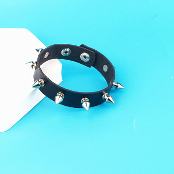 Punk-style Imitation Leather Bangles, Alloy Rivet Bangles for Men Women, Black, 8-7/8 inch(22.5cm)
