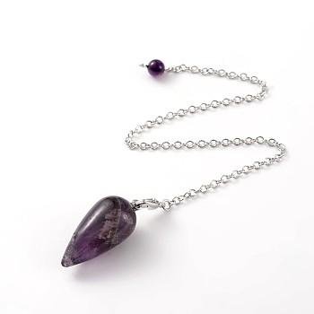 Teardrop Platinum Tone Brass Amethyst Dowsing Pendulums, with Lobster Claw Clasps, 220x3mm