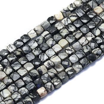 Natural Black Silk Stone/Netstone Beads Strands, Cube, Faceted, 6~6.5x6~6.5x6~6.5mm, Hole: 1mm, about 58pcs/Strand, 15.55 inch(39.5cm)