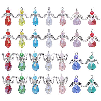 28Pcs 14 Style Electroplate Glass Pendants, with Antique Silver Alloy Findings, Faceted Fairy Charms, Mixed Color, 22~29x18~20x6~19.5mm, Hole: 2~2.5mm, 2Pcs/style