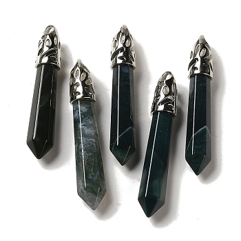 Natural Moss Agate Pointed Big Pendants, Faceted Bullet Charms with Rack Plating Platinum Plated Brass Findings, 56~65x11~11.5x10~10.5mm, Hole: 4X3mm