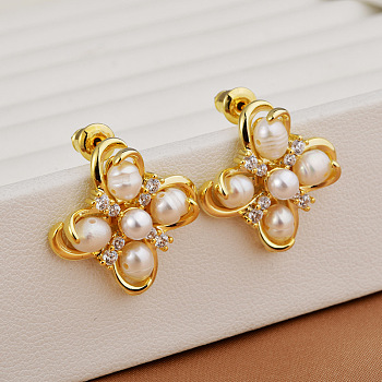 Clover Brass Pave Clear Cubic Zirconia & Freshwater Pearl Stud Earrings for Women, Real 14K Gold Plated, 22x22mm