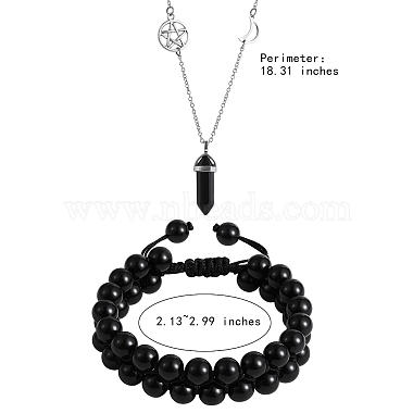 Collier pendentif balle en obsidienne naturelle et bracelet de perles rondes tressées(AJEW-SZ00002-29)-7