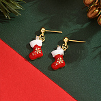 Christmas Socking Brass Enamel Dangle Stud Earrings, with Alloy Earring Findings, Golden, Red, 25x9mm(QV0416)