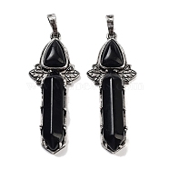 Natural Obsidian Sword Big Pendants, Rack Plating Antique Silver Plated Brass Charms, Cadmium Free & Lead Free, 51x20x9mm, Hole: 6.5x5mm(G-Q163-08AS-07)