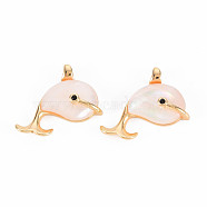 Brass Micro Pave Clear Cubic Zirconia Pendants, with Freshwater Shell, Nickel Free, Dolphin, Real 18K Gold Plated, 13x18.5x5mm, Hole: 1.2mm(KK-T062-196G-NF)