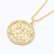 Brass Micro Pave Clear Cubic Zirconia Pendant Necklaces, Flat Round with Letter, Real 18K Gold Plated, Letter.P, 16.14~17.20 inch(41~43.7cm)(NJEW-E153-01P)