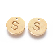 304 Stainless Steel Charms, Ion Plating (IP), Flat Round, Letter.S, 10x1.5mm, Hole: 1mm(STAS-F227-11S-G)