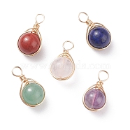 5Pcs 5 Styles Natural Red Jasper & Rose Quartz & Blue Tiger Eye & Green Aventurine & Amethyst Pendants, Copper Wire Wrapped Round Charms, Mixed Dyed and Undyed, Real 18K Gold Plated, 17.5x9.5x8.5mm, Hole: 3.3mm, 1pc/style(PALLOY-JF01392-S)