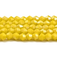 Opaque Solid Color Electroplate Glass Beads Strands, AB Color Plated, Faceted, Bicone, Yellow, 4x4mm, Hole: 0.8mm, about 87~98pcs/strand, 12.76~14.61 inch(32.4~37.1cm)(GLAA-F029-P4mm-A05)