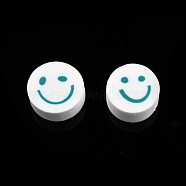 Handmade Polymer Clay Beads, Flat Round with Smiling Face, Dark Cyan, 9~10x4mm, Hole: 1.2~1.6mm(CLAY-N011-64-02)