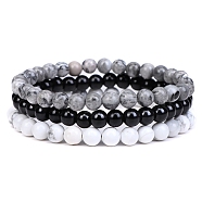 3Pcs 3 Style Natural Map Stone & Black Agate & Howlite Round Beaded Stretch Bracelets Set, Gemstone Stackable Bracelets for Woman, Wide: 6mm, 7-1/4~7-1/2 inch(18.5~19cm), 1Pc/style(PW23030763586)