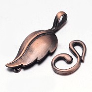 Brass Hook Clasps, For Leather Cord Bracelets Making, Leaf, Brushed Red Copper, Leaf: 33x13x3mm, Hook: 17x10x2mm, Hole: 1mm and 3x3mm(KK-L116-02R-NF)